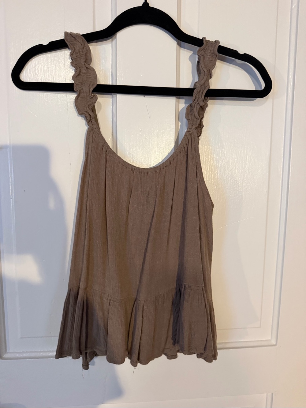 Women’s Ruffle Strap Tank Top in Taupe